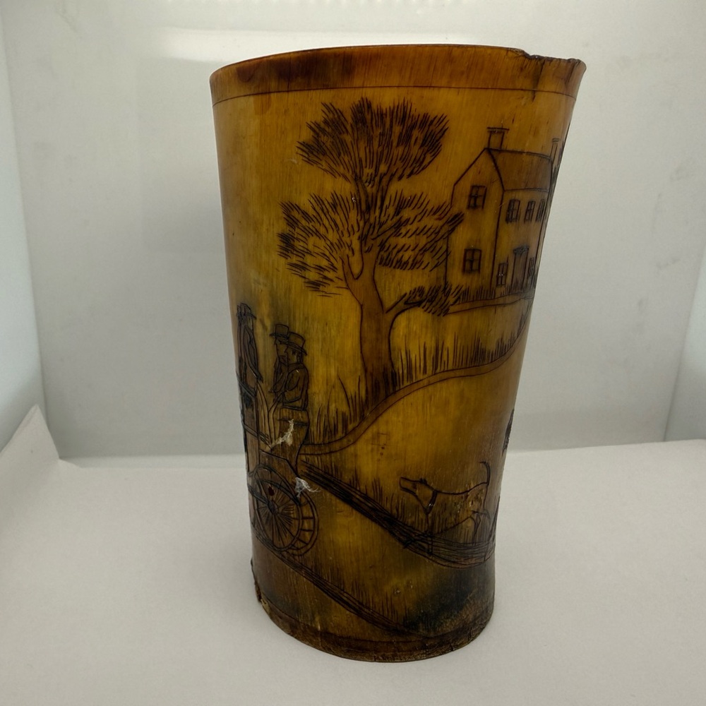 Antique 1800’s Carved Scrimshaw Bovine Horn Hunting Cup Ale Beer Stein Lodge